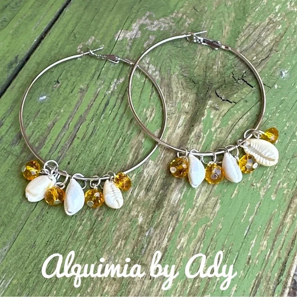 Maxi hoops shell and bright yellow crystals dangle charms earrings/beach - Picture 1 of 2